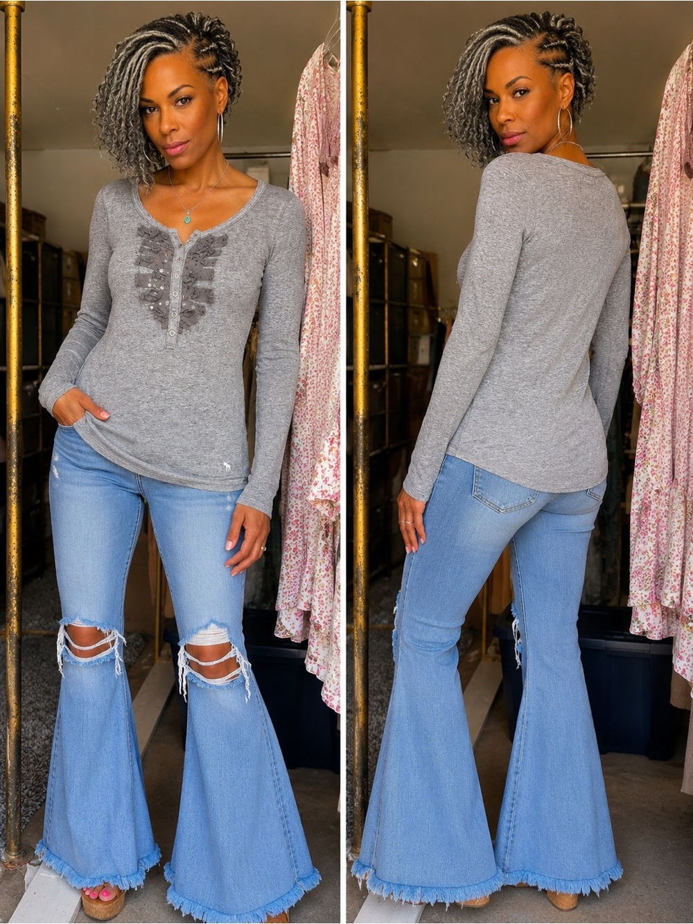 Abercrombie & Fitch Gray Long-Sleeve Ruffle Henley Top